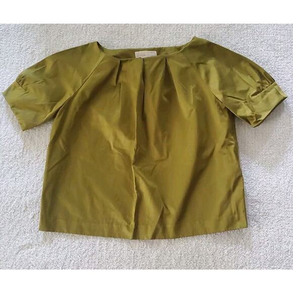 2 Michael by Michael Kors Med Short Sleeve Pleated Satiny Tops Green & Brown - Picture 6 of 14